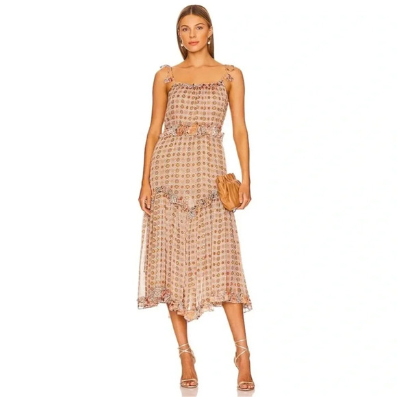 MISA Nita Midi Ruffle Dress in Flora Tile Mix Green and Pink Size S NWT - Picture 3 of 13